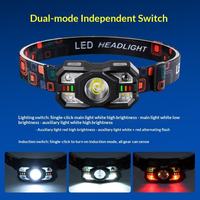 Lampe frontale multifonctionnelle portable rechargeable 5W LED en ABS pour camping en extérieur et pêche nocturne, double mode avec interrupteur indépendant