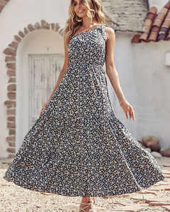 Belle femmes motif personnalisé robe d'été simple épaule à volants à plusieurs niveaux balançoire Maxi robe écologique vêtements de vacances d'été - Product Image 2