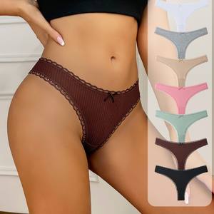 Culotte string côtelée en coton pour femme, taille basse, douce et respirante, avec dentelle, grandes tailles, vente en gros - Product Image 1