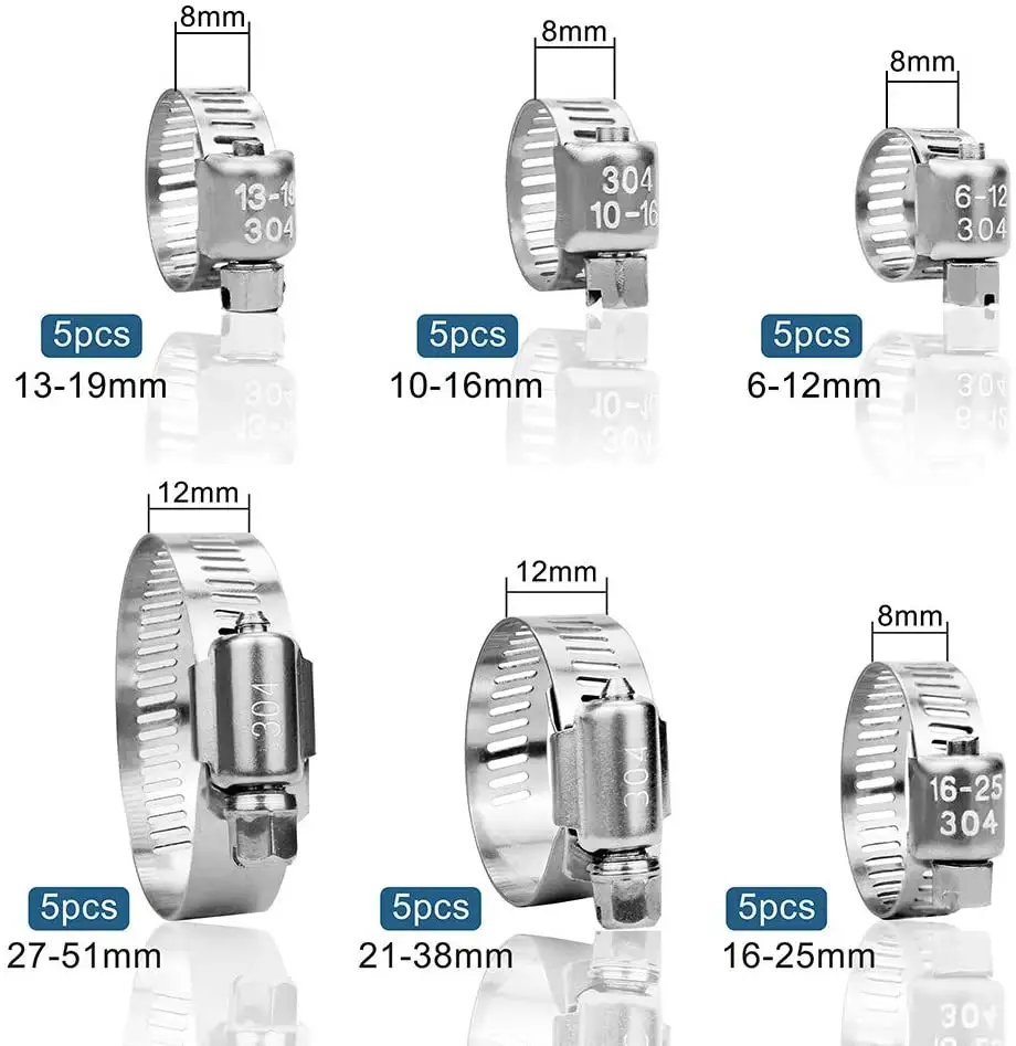 Зажимы для шланга 1/4-2 дюйма (6-51 мм), регулируемый диапазон 304, Червячные зубья из нержавеющей стали, зажимы для шланга, набор в ассортименте для топливной линии, сантехники,