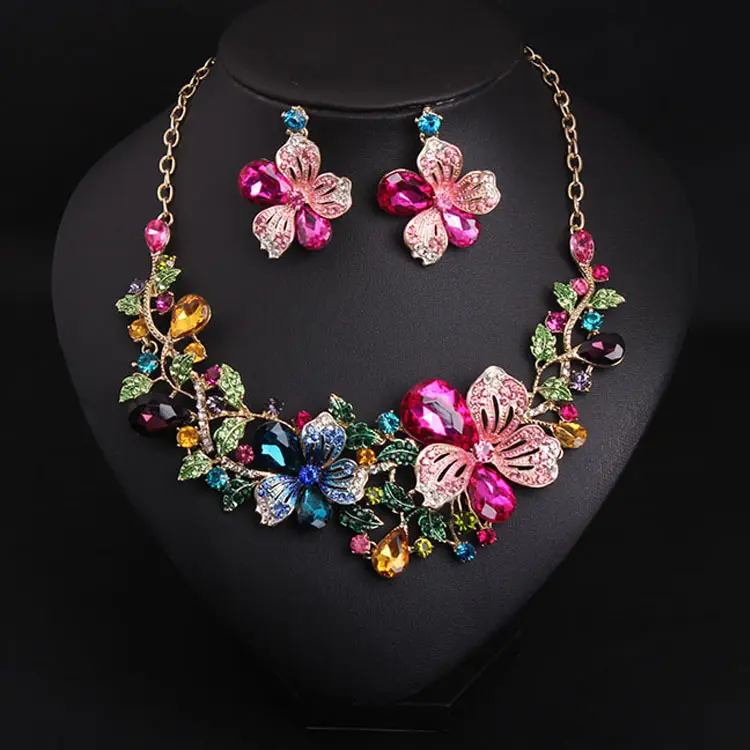 XLNK134 High quality wedding jewelry set Flower necklace earrings jewelry set women's rhinestones jewelry set