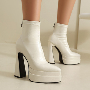 2026New Stylish Women Shoes Black Wrinkle pu Ankle Boots With Double Platform <b>Block</b> High Heel waterproof fashion women shoes - Product Image 3