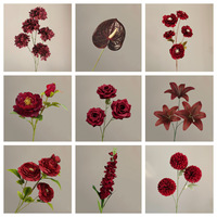 Burgunderrote Seiden-Kunstblumen Hochzeitsrosen Hortensien Lilien Weihnachten Chinesisches Neujahr Realistische Handgefertigte Blumen für Heimdekoration