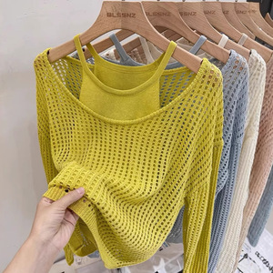 Ensemble de gilets en tricot ajouré pour femmes, haut amincissant à coupe ample, couleur unie, pull en polyester, ZY49 - Product Image 1