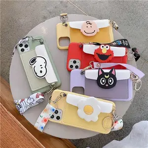 3D cartoon Cute Anime Leather Wallet Strap soft phone case for iphone 11 Pro Max XR XS 7 8 plus for samsung S9 S10