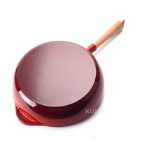 Wajan Besi Cor Berlapis Enamel dengan Gagang Kayu, Wajan Datar Berdasar Datar untuk Kompor Gas, Listrik, dan Induksi, Grosir