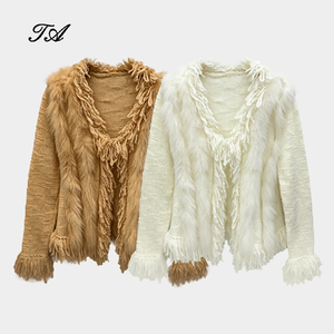 Cardigan en tricot à franges en fourrure de renard véritable de luxe pour femmes Tyan, col en V, manches longues, pull en tricot moelleux, manteau d'automne et d'hiver - Product Image 1