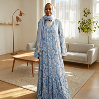 Robe longue ample bleue à motif cachemire, col cranté, manches longues, jupe à volants, robe longue modeste pour femme, tenue quotidienne musulmane, personnalisable OEM