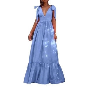 V-neck Yellow Maxi Dress Empire Waist Wrap <b>Tie</b> <b>Back</b> Evening Gown Women's Long Dress Breathable Summer Formal Wear - Product Image 4