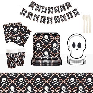 DAMAI Nouvel ensemble de vaisselle d'Halloween avec motif de crâne, comprenant des assiettes et des gobelets en papier jetables pour les fournitures de fête d'Halloween - Product Image 1