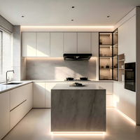 Cuisine modulaire moderne en forme de U avec armoire en contreplaqué étanche, tiroir, évier, îlot, plan de travail en quartz, et éclairage intégré, en kit.