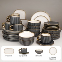 Service de table en céramique gris foncé de luxe, style européen, tasse à café accessible, assiette ronde pour usage domestique, vaisselle élégante