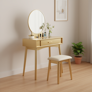 Set Toeletta Contemporanea in Legno Maly con Sgabello, Scrivania Trucco per Camera da Letto con Specchio Regolabile e Vano Portaoggetti Dorato - Product Image 2