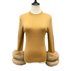 Hot Selling Autumn Winter Solid Color Pullover Women Soft Sweater Knitwear with Real Fox Fur