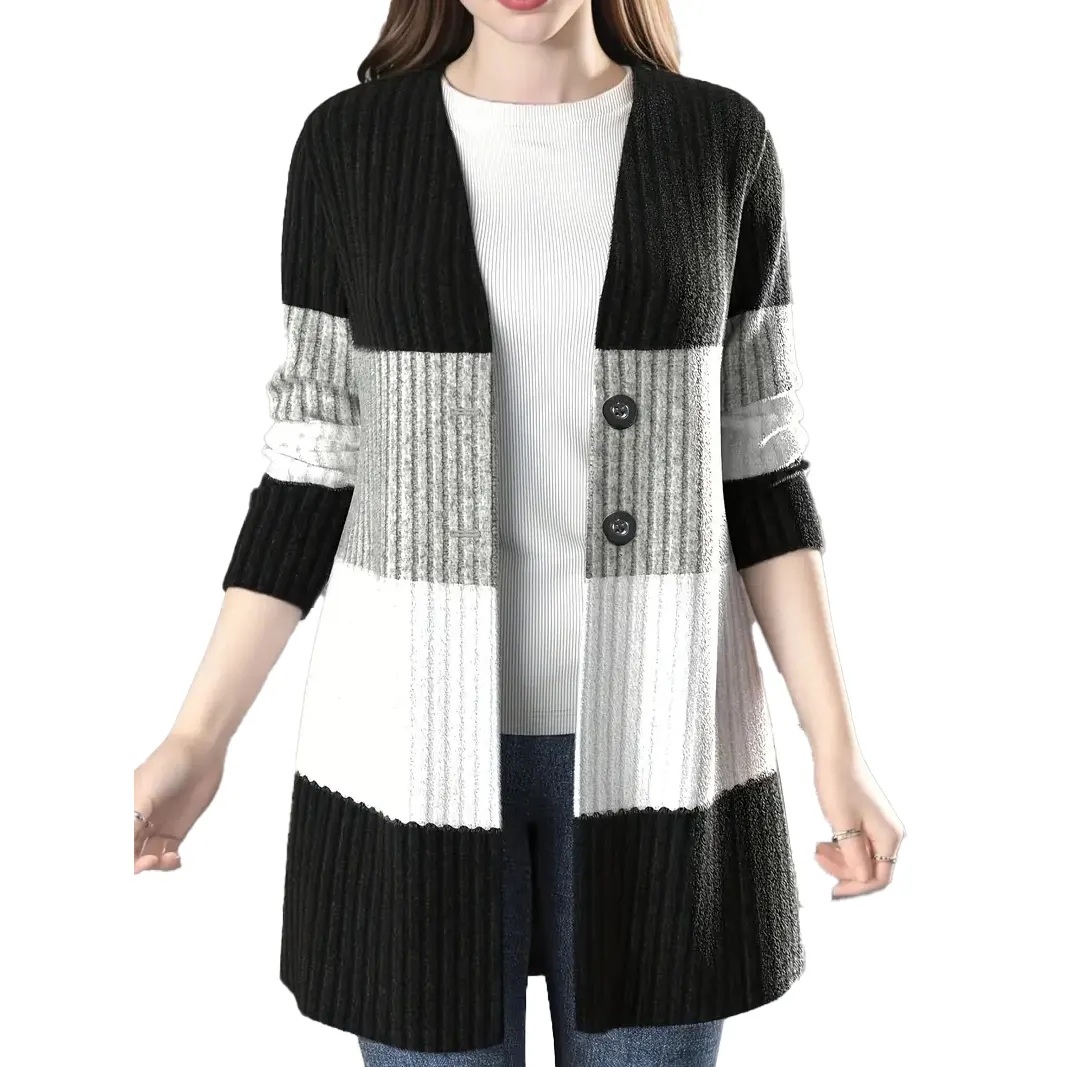 Top Qualität Winter Herbst lange Ärmel Farbe Block Knopf lang vielseitig Damen gestrickter Kardigan Pullover