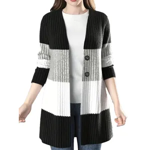 Top Quality Winter Fall Long Sleeves Color Block Button Long Versatile Women Knitted Cardigan Sweater