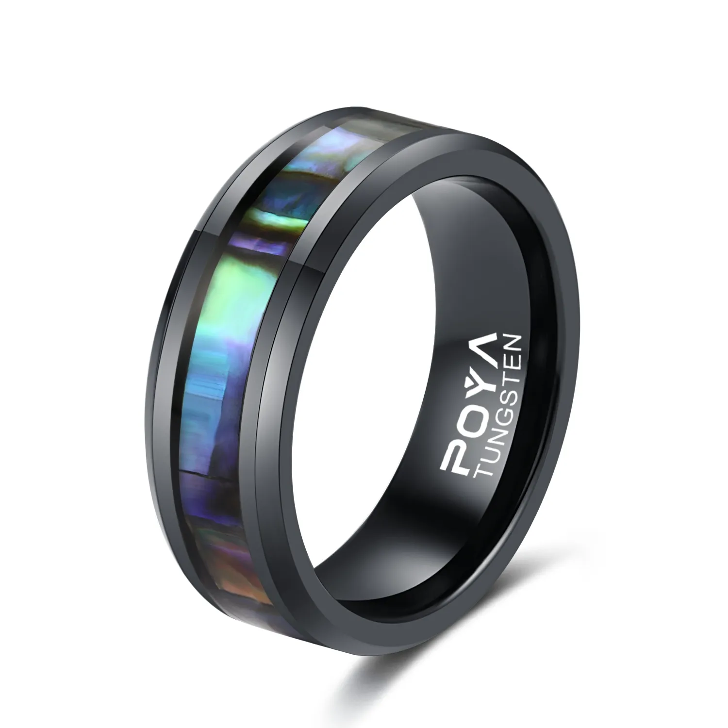 POYA Beveled Edge Natural Colorful Abalone Shell Inlay 8mm Polished Black Tungsten Ring For Men