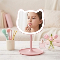 Miroir de Maquillage LED Pliable CF en Forme de Chat Mignon avec Écran Tactile Rond Réglable et Loupe Intégrée pour Bureau