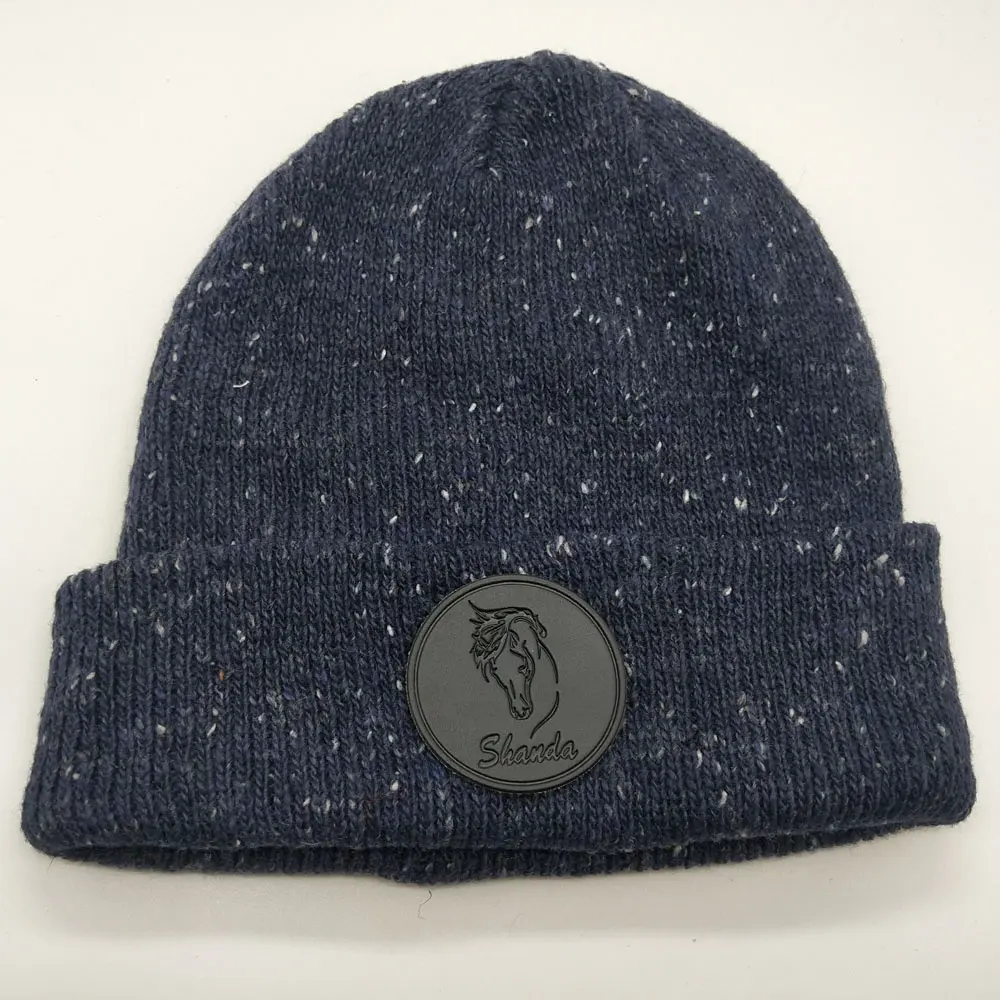 Custom Volwassen Mannen Prive Lederen Label Geen Pom Pom Uitgerekt Knit Gespikkelde Beanie Met Lederen Patch