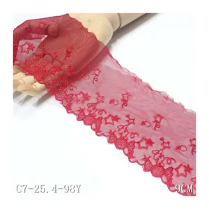 新款法国薄纱蕾丝9厘米红色窄绣蕾丝糖果五角星设计涤纶面料文胸