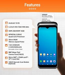 מסוף נייד 6.2 אינץ' עם מדפסת תרמית, סורק ברקוד, אנדרואיד 10, 2+16 גיגה-בייט, קורא <span class=keywords><strong>PDA</strong></span>, מכונת תור הזמנות - Product Image 2