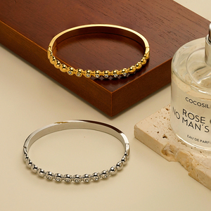 Hot Sale 18K Gold Plated Stainless Steel Jewelry Semi-Glossy Half <strong>Bead</strong> Zircon Cuff Bangles Waterproof for Women <strong>Bracelet</strong> B252583 - Product Image 4