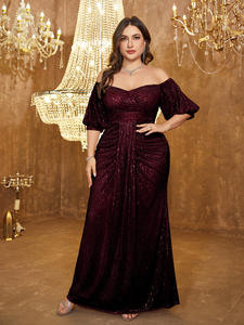 فستان سهرة أنيق للنساء بمقاس كبير، بتصميم حورية البحر ومزين بالترتر، مكشوف الأكتاف والظهر بأكمام منفوخة ومثير للحفلات - Product Image 5