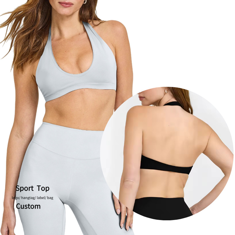 Low MOQ Yoga Sports Bra for Women Custom Logo Front Breathable Simple Deep U Neck Open Back Halter Workout Fitness Underwear