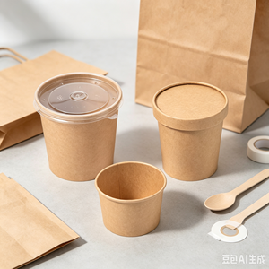 Gobelet à soupe jetable écologique en kraft pour restaurant à emporter, bol à porridge, couvercles en plastique transparent, compatible micro-ondes - Product Image 1