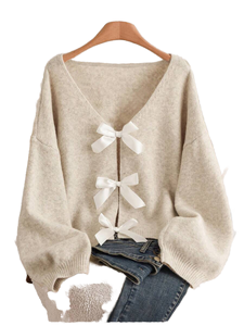 Pull en maille gris clair à col en V pour femme, avec nœud décoratif, manches longues épaisses, 100 % polyester respirant, collection automne - Product Image 1