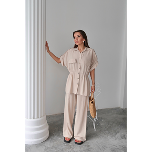 Ensemble court en lin beige pour femme, style bureau, longueur au-dessus du genou, taille à cordon, coupe ample, hauts d'été - Product Image 5