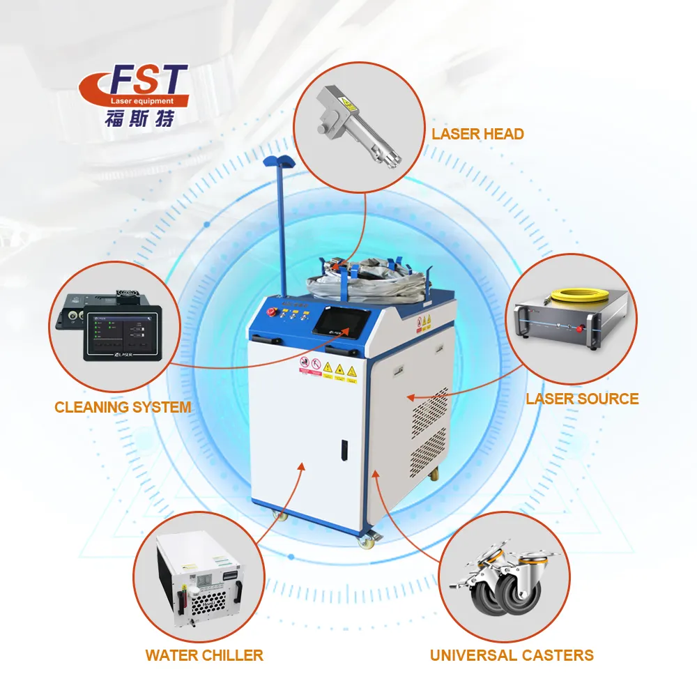 FST 2000w 3000w máquina de limpeza a laser de fibra portátil industrial contínua para remover ferrugem de joias