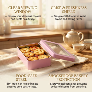 Recipiente Rectangular Metálico Rosa para Alimentos con Tapa Transparente, Libre de BPA, para Productos de Panadería Caseros - Product Image 1