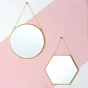 Copper metal frame espelhos pendurados espelhos de parede com metal corrente espelho hexagonal