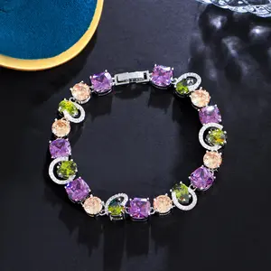 Genuine Cubic Zirconia Sparkling Purple Olive Green CZ Crystal Charm Female Engagement Party Events Bracelets Jewellery Bangles