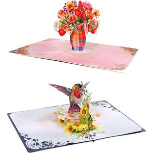 Carte de vœux pop-up 3D avec colibris et fleurs, finition vernie mate, pour la fête des mères - Product Image 1