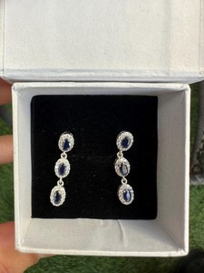 Pendientes de Oro de 10K con Zafiro Azul y Diamantes, Genuinos, con Tres Piedras Solitarias, Joyería de Moda para Mujer, Regalo - Product Image 3