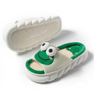 Mooie Dame Indoor Schoenen Open Teen Pluche Slippers Groene Kikker Linnen Slippers Vrouwen Schoenen