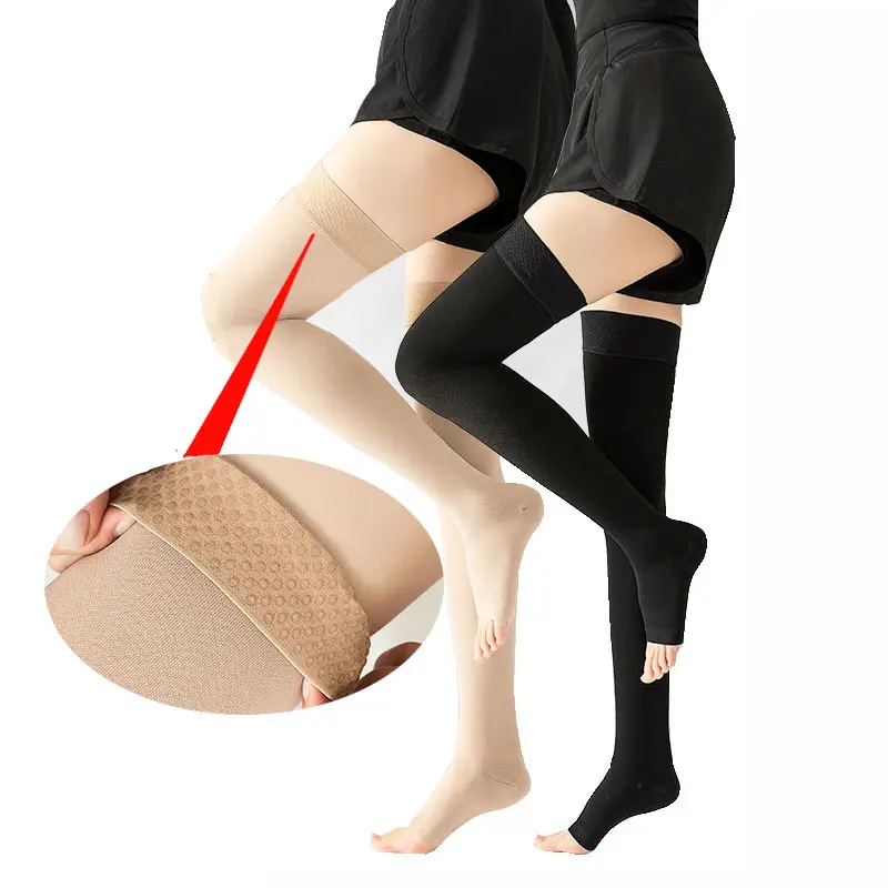 ผู้หญิงต้นขาสูง 20-30mmhg ทางการแพทย์ Peep-Toe กีฬาเส้นเลือดขอดถุงน่องยาวถุงเท้าการบีบอัดกีฬา