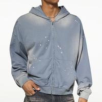 Sweat à capuche zippé vintage délavé à l'acide 420g pour homme, coupe oversize, effet éclaboussures blanchies, logo personnalisé, streetwear vieilli