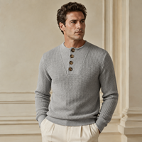 Pull-over en tricot uni à manches longues pour homme, 100% coton BCI, avec fermeture éclair 1/4 et boutons, certifié BSCI/WRAP