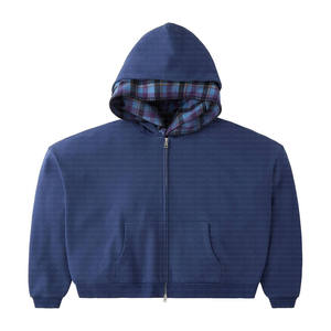 Custom Y2K turbante doppio cappuccio Plaid sciarpe di flanella Boxy Fit Zip up in bianco corti da <span class=keywords><strong>uomo</strong></span> pesanti felpe in cotone caldo con sciarpa - Product Image 4