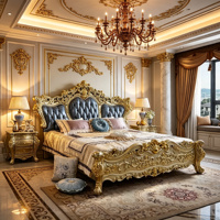 Lit King Size Haut de Gamme en Bois Massif Européen, Revêtement Cuir Bleu, Capitonnage Diamanté Doré, Idéal pour Chambre Principale ou Villa - Offre Spéciale