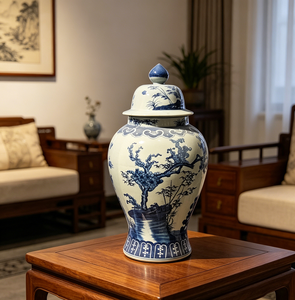 Grand pot à gingembre en porcelaine bleue et blanche, fait main, motif Trois amis de l'hiver, 65 cm de haut - Product Image 4
