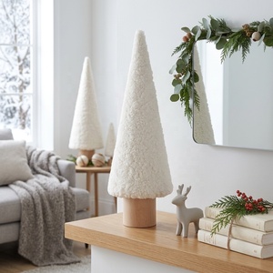 Mini White Boucle Sherpa Small <b>Christmas</b> <b>Tree</b> Curly Plush Texture Wooden <b>Base</b> Scandi Bookshelf Decoration - Product Image 1