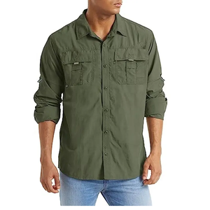 เสื้อซาฟารีแขนยาวสำหรับผู้ชายเสื้อซาฟารีสีทึบสำหรับล่าสัตว์ตกปลาแบบแห้งเร็วโลโก้ตามสั่ง - Product Image 1