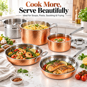 Ensemble de casseroles à finition martelée, 7 pièces, revêtement en acier inoxydable, compatible four, gaz et induction - Product Image 5