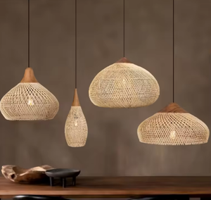 Cina produttori di bambù per interni tessitura di <span class=keywords><strong>vimini</strong></span> luce retrò rotonda in legno Rattan tessuto a mano lampadario - Product Image 2