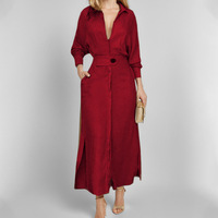 Robe longue élégante fendue pour femme, col à revers, col en V, manches longues, avec poches, style chemise, nouvelle collection printemps-automne, pour le bureau ou décontractée, coupe trapèze