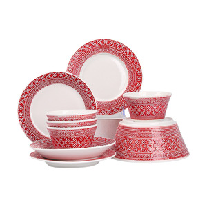 Ensemble de vaisselle en céramique à rayures rouges <span class=keywords><strong>Poterie</strong></span> rustique de style marocain et chinois traditionnel pour la cuisine, l'école, le café et le lave-vaisselle - Product Image 1
